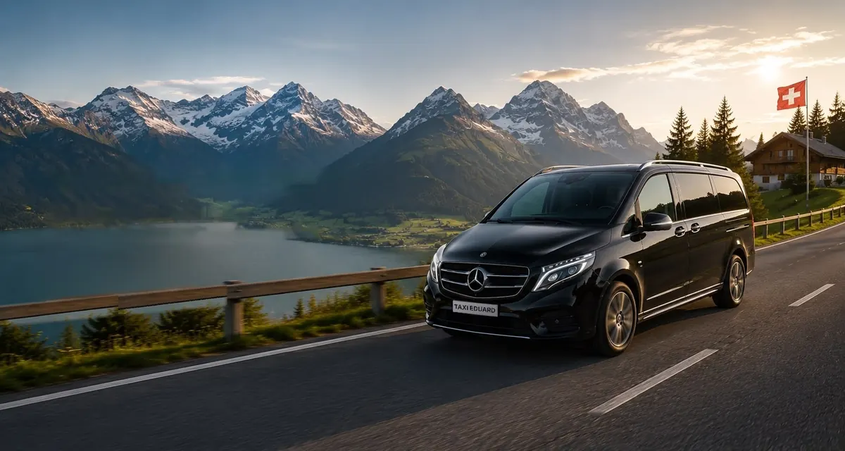 Van Mercedes noir de Taxi Eduard sur une route de montagne avec les Alpes et un lac