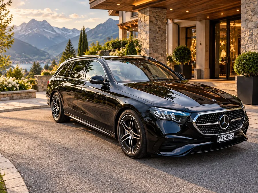 Mercedes Classe E break noire de Taxi Eduard devant un hôtel, lac et montagnes au coucher du soleil