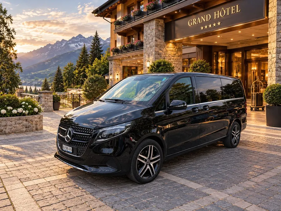 Mercedes V-Class noir de Taxi Eduard devant un grand hôtel de montagne au coucher du soleil
