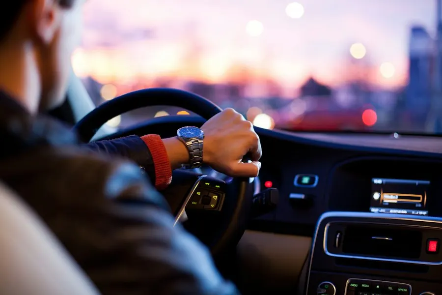 Driver at the wheel on the road at sunset