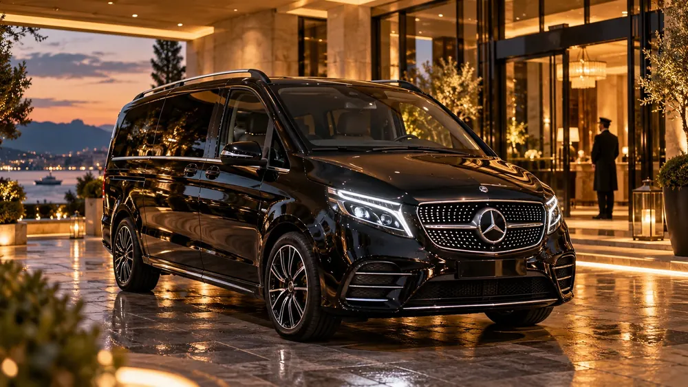 Mercedes V-Class noir devant l'entrée d'un hôtel de luxe au crépuscule